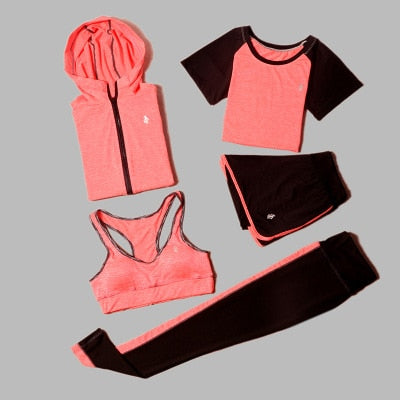 5 Piece Set Yoga For Women's Running Fitness T-Shirt Sports Bra Wear Fitness Clothing Women Training Set Sport Suit