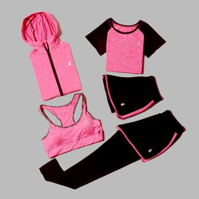 5 Piece Set Yoga For Women's Running Fitness T-Shirt Sports Bra Wear Fitness Clothing Women Training Set Sport Suit