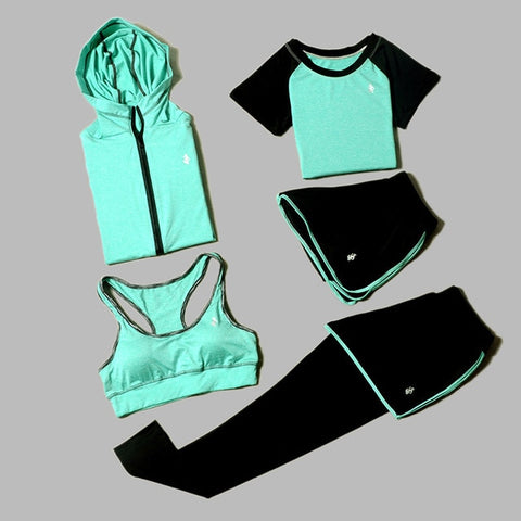 5 Piece Set Yoga For Women's Running Fitness T-Shirt Sports Bra Wear Fitness Clothing Women Training Set Sport Suit