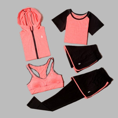 5 Piece Set Yoga For Women's Running Fitness T-Shirt Sports Bra Wear Fitness Clothing Women Training Set Sport Suit